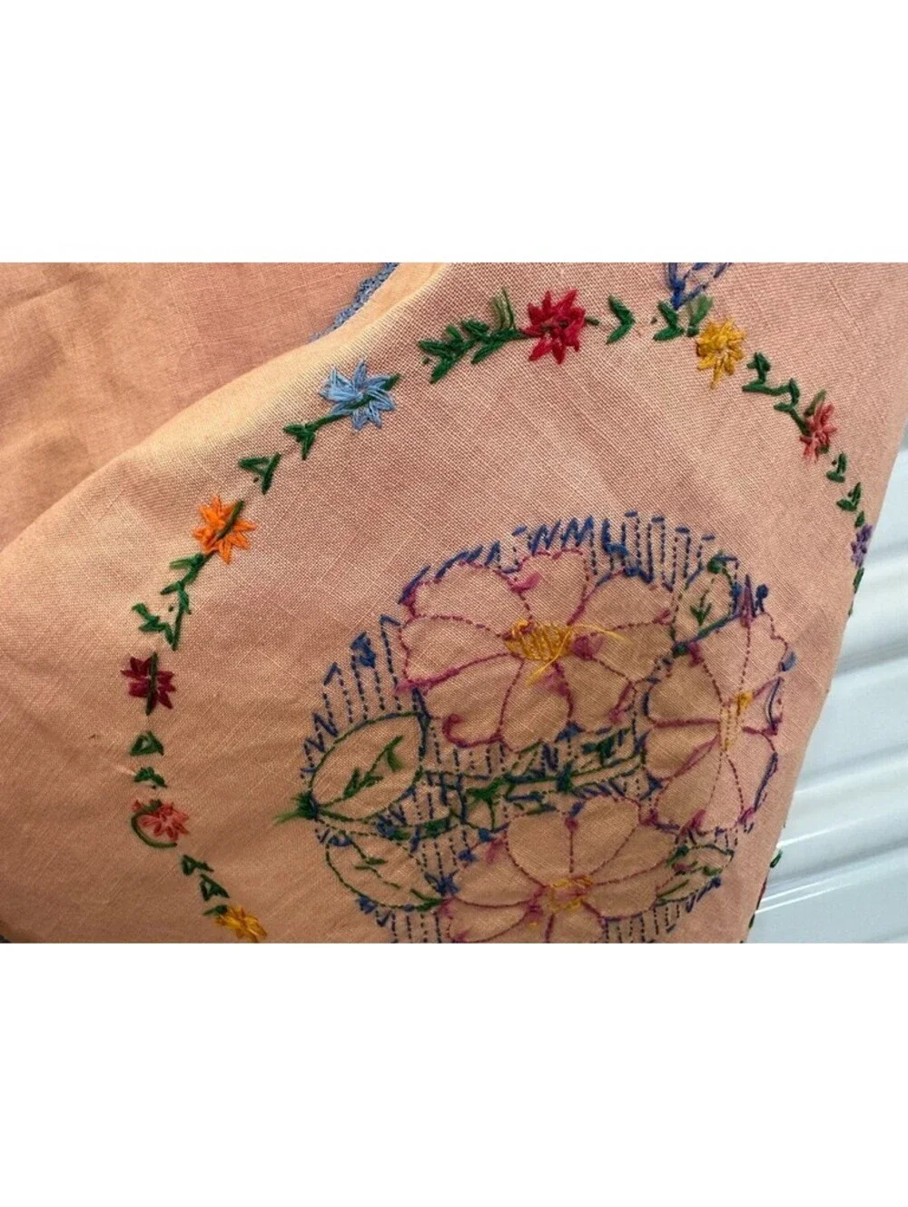 Vintage Embroidered Flower Hibiscus? Card Table Tablecloth Topper 33.5